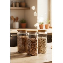 Atbyhome Plus - 3'lü Cam Saklama Kabı 1300ml Vakumlu Bambu Kapaklı