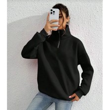 Velmora Fashion Kadın 3 Iplik Pamuklu Uzun Kol Yarım Farmuarlı Yakalı Sweatshirt - Siyah