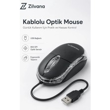 Zilvana Kablolu Optik Mouse 800 Dpı Usb-A Bağlantılı 1,2 Metre Kablolu Ergonomik Bilgisayar Faresi