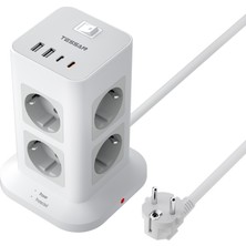 Tessan 12'si 1 Arada Akım Korumalı Kule Tipi Priz – 8 Ac Prizi, 2 Usb-A, 2 Usb-C (20W Hızlı Şarj), 2 Metre Kablolu Küp Priz