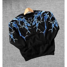 Velmora Fashion Kadın Yıldırım Baskılı Bisiklet Yaka 3 Iplik Pamuklu Sweatshirt - Siyah