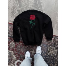 Velmora Fashion Kadın Oversize Kapüşonlu Cepli Gül Baskılı 3 Iplik Pamuklu Hoodie Sweatshirt - Siyah
