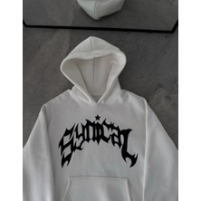 Velmora Fashion Kadın Kapüşonlu Kanguru Cepli Sweatshirt 3 Iplik Pamuklu Baskılı Hoodie -  Beyaz