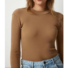 Velmora Fashion Kadın Full Likralı Fitilli Kaşkorse Body - Kahve