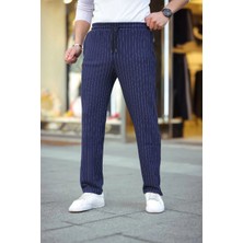 Velmora Fashion Erkek Cizgili Dokuma Krep Jogger Buggy Pantalon Rahat Kalıp - Lacivert