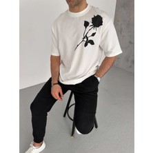Velmora Fashion Erkek Kısa Kol Tişört Bisiklet Yaka Gül Baskılı Oversize T-Shirt - Beyaz