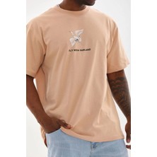 Velmora Fashion Erkek Baskılı T-Shirt Kısa Kol Bisiklet Yaka Rahat Kalıp Tişört - Bej