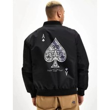Velmora Fashion Erkek Bomber Mont Siyah Maça Ası Baskılı Fermuarlı Cepli Kapitone Astarlı Kış Mont - Siyah