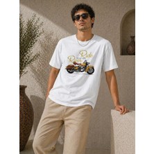 Velmora Fashion Erkek Motosiklet Baskılı Tişört Bisiklet Yaka Kısa Kol Yazlık T-Shirt - Beyaz