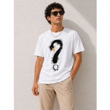 Velmora Fashion Erkek Kuğu Figürlü Soru Işareti Baskılı Tişört Kısa Kol T-Shirt - Beyaz