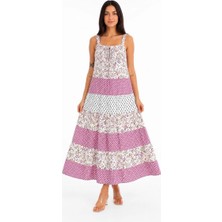 Velmora Fashion Kadın Askılı Çiçek Desenli Keten Kumaş Kat Kat Salaş Maxi Elbise - Pembe