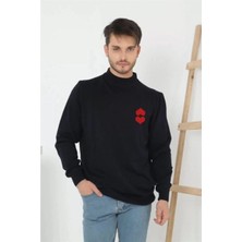 Velmora Fashion Erkek Yarım Bağazlı Kazak Baskılı Dokuma Triko - Lacivert