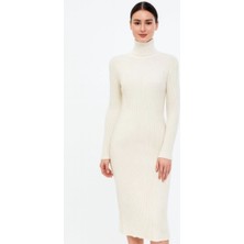 Velmora Fashion Kadın Boğazlı Triko Elbise Uzun Fitilli Esnek Dokuma Tam Kalıp Baharlık 130 cm - Beyaz
