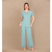 Amora Secret  Viskon Şık Tasarım Dantel Işlemeli Mint Yeşil Kısa Kol Pijama Takımı