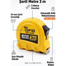 Gfb Şerit Metre 3 M x 16 mm - Otomatik Kilit Mekanizmalı Kemer Klipsli Ölçü Metresi