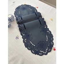 Denef Home Oval Antika - Deri Delik Işi Runner Lacivert - 35X120 cm 1 Adet