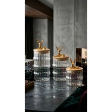 Ck House 3'lü Borosilikat Cam Geyik Figürlü Çizgili Cam Kavanoz Mutfak Seti 350-500-700 ml Beyaz