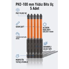 Ph2 100 mm Yıldız Bits Vidalama Ucu 5 Adet - Turuncu Kaplama Gövdeli Manyetik Uyumlu Matkap Ucu Seti