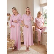 Lohussa Yeni Sezon Pudra Yazlık Kolay Emzirme Özellikli Kısa Kol %100 Pamuk Lohusa Hamile Sabahlık Gecelik Pijama Takımı 4'lü Set