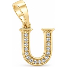 Zeino U Harfi Zirkon Taşlı Minimal Kolye Ucu  - 14K Altın Kaplama - 9 x 17 mm