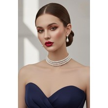 Cam Incili Gümüş Kaplama Tasma Choker Kolye Inci Kolye Üç Sıra Kolye Özel Tasarım