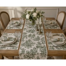 Kilia Home Duck Kumaş Fransız Köylü Desenli Krem Biye Kenar Detaylı Yeşil Runner ve Amerikan Servis Seti – 1 Adet 180X45 cm Runner + 4 Adet 43X35 cm Amerikan Servis