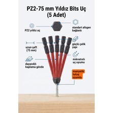 Pz2 75 mm Uzun Yıldız Bits Vidalama Ucu 5 Adet - Kırmızı Kaplama Gövdeli Manyetik Uyumlu Matkap Ucu Seti
