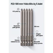 Pz2 100 mm Uzun Yıldız Bits Vidalama Ucu 5 Adet - Altıgen Şaftlı Manyetik Uyumlu Matkap Ucu Seti
