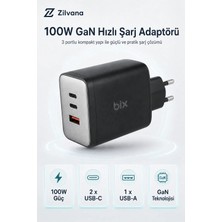 Zilvana 100W Gan 3 Portlu Hızlı Şarj Adaptörü – 2 Usb-C ve 1 Usb-A Siyah