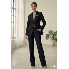 Diaves Siyah Kadın Aksesuarlı Astarlı Tek Düğme Blazer Ceket & Kumaş Pantolon Takım Elbise