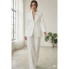 Diaves Beyaz Kadın Aksesuarlı Astarlı Tek Düğme Blazer Ceket & Kumaş Pantolon Takım Elbise