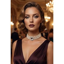 BB Bridal Boutique Incili Gümüş Taşlı Gümüş Kaplama Cam Inci Tasma Choker Kolye Özel Tasarım Kolye Şık Kolye