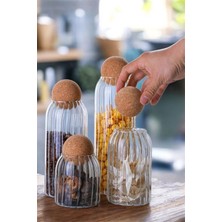 Ck House 4'lü Top Mantar Kapaklı Cam Kavanoz ve Baharatlık Seti Çizgili Desen (500-700-1000-1250 Ml) Şeffaf