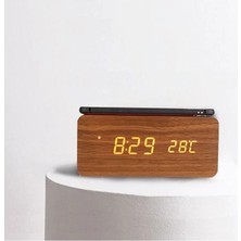 Kablosuz Şarjlı Ses Kontrollü LED Ahşap Saat Alarm Elektronik Akıllı Çalar Saat