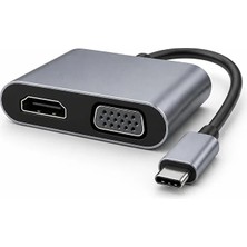 USB Type-C To HDMI ve VGA 2 Port 4K UHD Görüntü Dönüştürücü Adaptör Gri