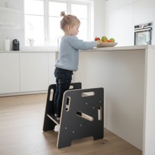 U Atölye  Antrasit Mdf Çocuk Öğrenme Kulesi ve Yetişkin Iki Basamaklı Tabure - Çocuk Banyo ve Mutfak Basamağı