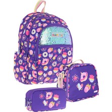 Kaukko Kız Çocuk Mor Desenli Üçlü Ilkokul Üçlü Okul Çanta Seti - STKK-L5216A