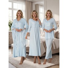 Lohussa Kadın Mavi Tasarım Prenses Kollu Pamuklu Hamile Lohusa Sabahlık Pijama Takımı Gecelik Set