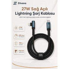 Zilvana 27W Usb-C To Lightning Sağ Açılı Hızlı Şarj ve Veri Aktarım Kablosu – 1 Metre Siyah Örgülü