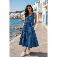 HC Kids Wear Kadın Büyük Beden Kot Elbise Yazlık Kolsuz Düğmeli Midi Boy Denim Elbise