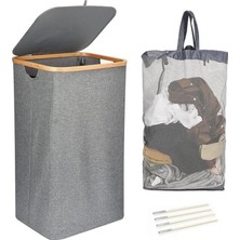 Mien Bambu Kenarlı Kumaş Katlanabilir 100 Lt Çamaşır Sepeti 44X33X70