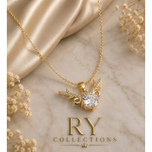 Ry Collections Çelik Gold Renk Zirkon Taşlı Kristal Geyik Boynuz Model Kadın Kolye