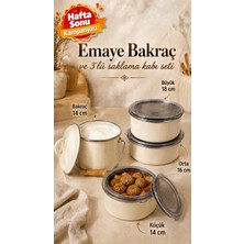 Emaye Market Emaye Bakraç 14 cm ve Emaye Saklama Kabı Seti Vakum Kapaklı Krem 14 cm 16 cm 18 cm