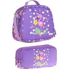 Kaukko Mor Flamingo Desenli Kız Çocuk Beslenme Çantası ve Kalemlik Seti - STKK-L7226-1