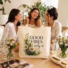 Multi Trendy Good Vibes Baskılı Ham Bez Çanta 40X50X10 cm Körüklü Büyük Boy Omuz Çantası Kanvas Bez Tote Bag