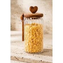 Atbyhome Akasya Ahşap Kalp Kapaklı Kendinden Kaşıklı Cam Kavanoz 760 ml - Büyük Boy Oluklu Saklama Kabı