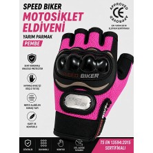 SPEED BİKER Yarım Parmak Pembe Kadın Motosiklet Eldiveni-Korumalı Yazlık Pembe Kadın Motorcu Eldiveni