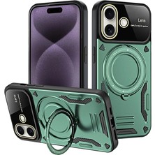 Aparim Newface Apple iPhone 16 Kılıf Joy Lens Standlı Kapak - Koyu Yeşil