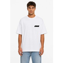 Unisex Kadın Erkek Raw Yazı Logo Ön Baskılı Oversize Kalın Kumaş Rahat Kesim Pamuklu T-Shirt