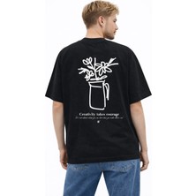 Unisex Özel Tasarım Vazo Çicek Graffiti Sırt Baskılı Oversize Kalın Kumaş Rahat Kesim Pamuklu T-Shirt
